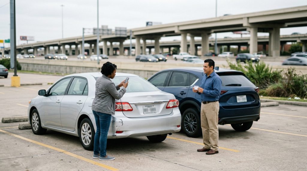 Drivers documenting damage and exchanging insurance information after a Houston car accident
