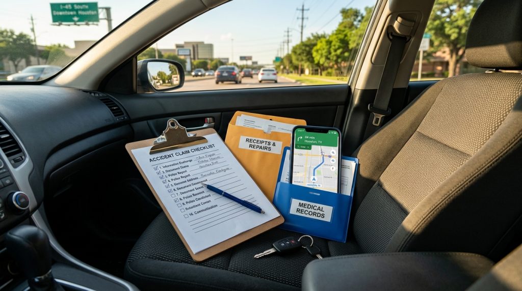 Houston car accident claim kit with checklist medical folder receipts and phone directions