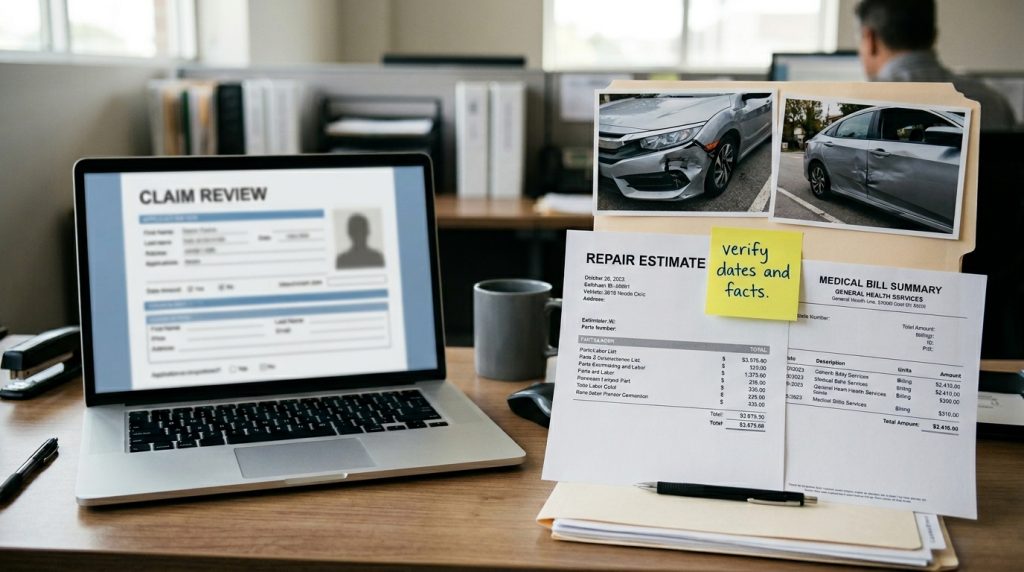 Insurance claim evaluation with repair estimate medical bills and accident photos