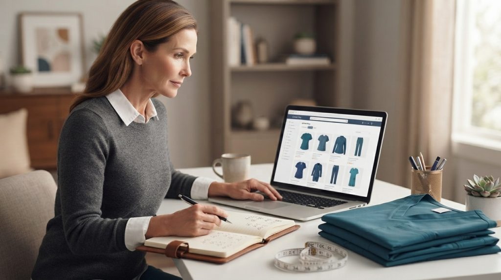 Healthcare professional reviewing medical scrub sizing while shopping online