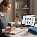 Healthcare professional reviewing medical scrub sizing while shopping online