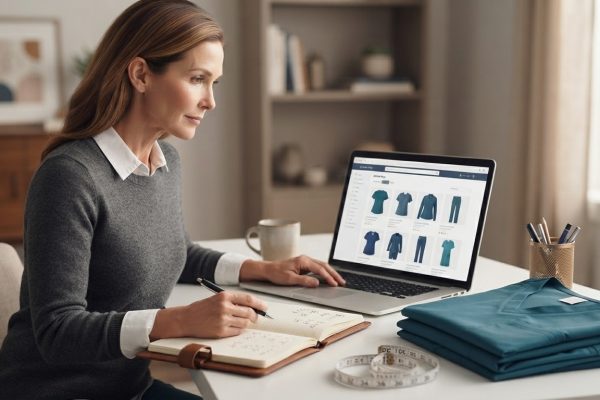 Healthcare professional reviewing medical scrub sizing while shopping online