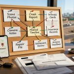 Phoenix injury claim evidence chain board with scene photos crash report witness cards camera notes medical timeline insurance records wage proof and Arizona deadline tabs