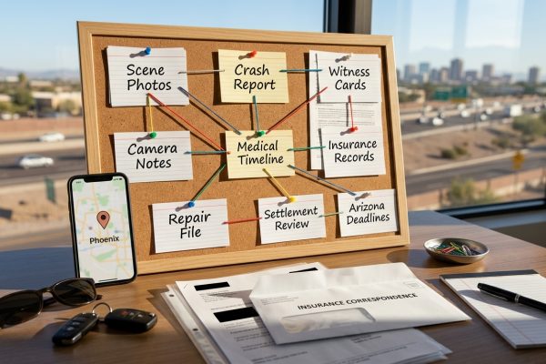 Phoenix injury claim evidence chain board with scene photos crash report witness cards camera notes medical timeline insurance records wage proof and Arizona deadline tabs