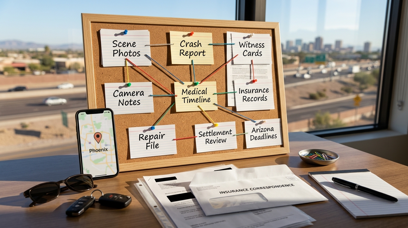 Phoenix injury claim evidence chain board with scene photos crash report witness cards camera notes medical timeline insurance records wage proof and Arizona deadline tabs