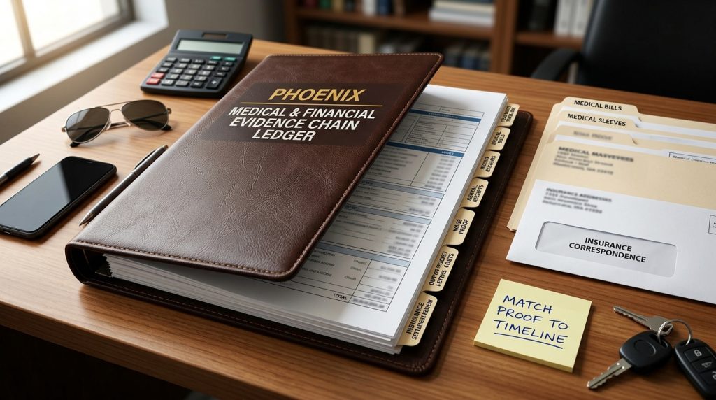 Phoenix medical and financial evidence chain ledger with treatment timeline medical bills repair records rental receipts wage proof out of pocket costs insurance letters and settlement review
