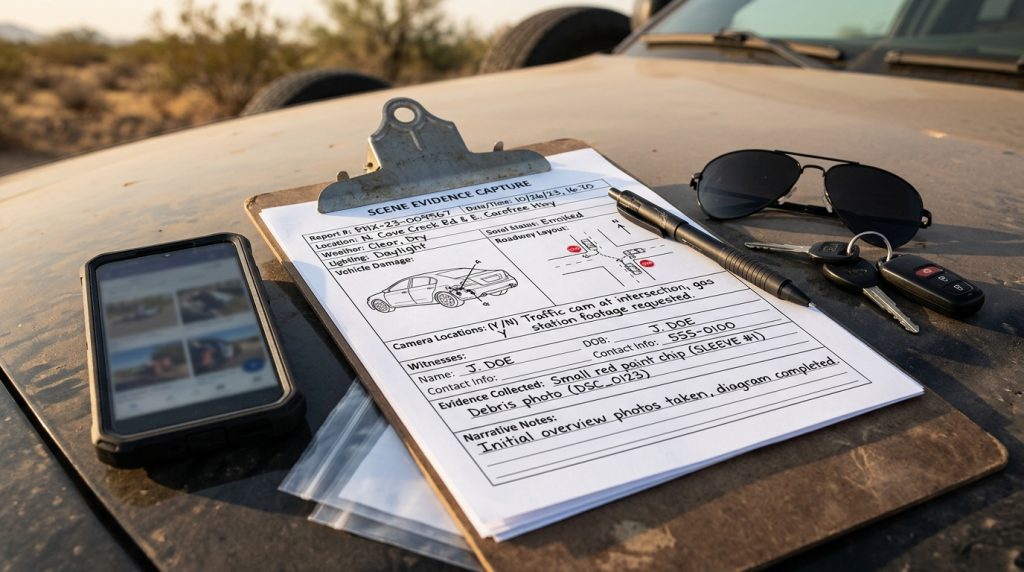 Phoenix scene evidence capture card with vehicle damage hazard photos roadway layout camera locations witnesses weather lighting and report number fields