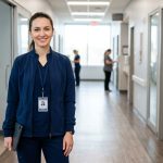 Female healthcare worker wearing a professional medical scrub jacket