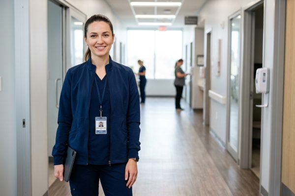 Female healthcare worker wearing a professional medical scrub jacket