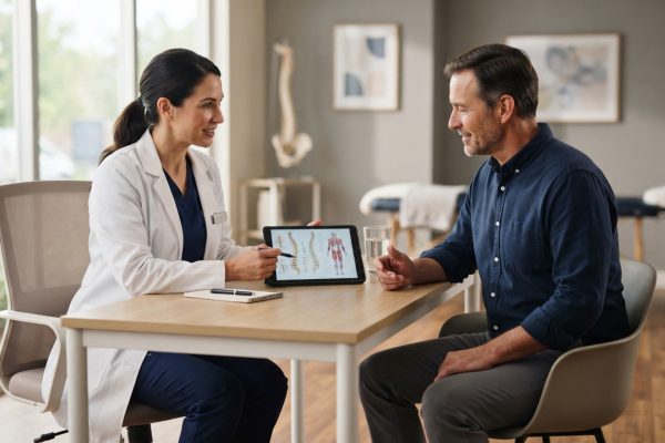 Patient researching chiropractic provider options during healthcare consultation