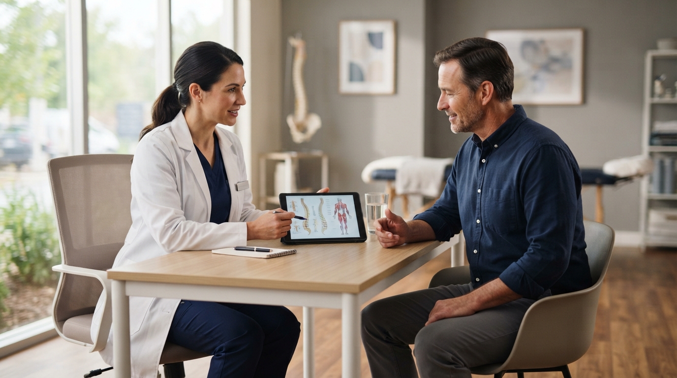 Patient researching chiropractic provider options during healthcare consultation