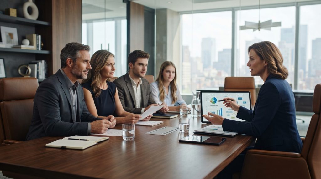 Family discussing private wealth management with financial advisor