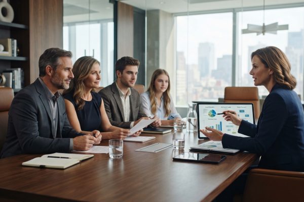 Family discussing private wealth management with financial advisor