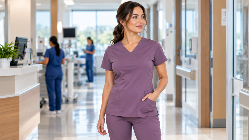 Female healthcare professional wearing a well-fitted women's scrub top