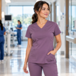 Female healthcare professional wearing a well-fitted women's scrub top