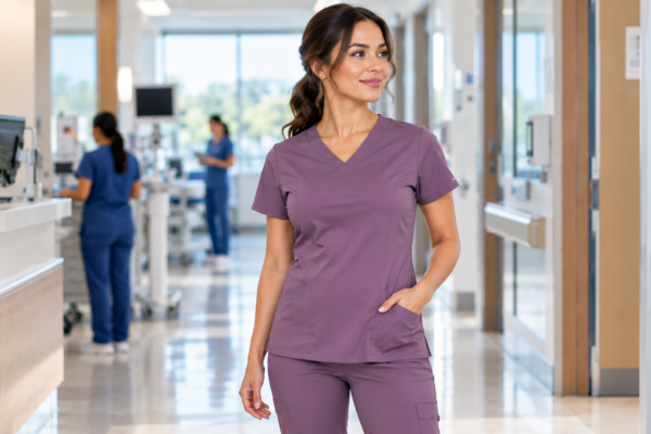 Female healthcare professional wearing a well-fitted women's scrub top