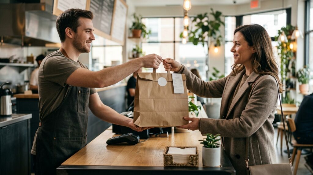 Customer collecting a restaurant takeout order