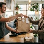 Customer collecting a restaurant takeout order