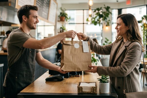 Customer collecting a restaurant takeout order
