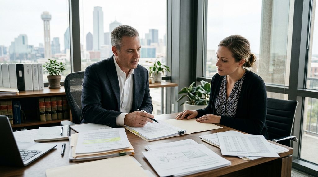 Dallas accident attorney and client reviewing medical records, wage documentation, and insurance correspondence
