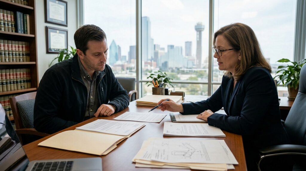 Dallas accident lawyer discussing accident reports, medical records, and insurance documents with an injured client