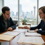 Dallas accident lawyer discussing accident reports, medical records, and insurance documents with an injured client