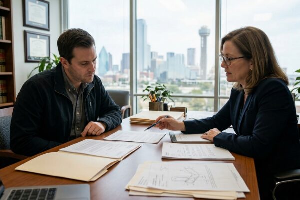 Dallas accident lawyer discussing accident reports, medical records, and insurance documents with an injured client