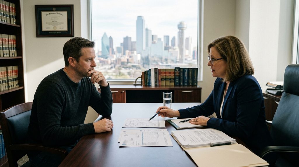 Dallas accident lawyer reviewing an insurance settlement offer and medical records with a client