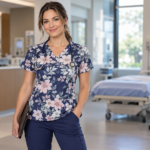 Healthcare professional wearing a professional printed scrub top