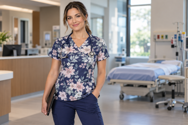 Healthcare professional wearing a professional printed scrub top